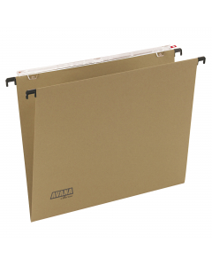 Linea economica e di alta qualitÓ. Realizzate in cartone avana termoincollato 220g.  Aste di sospensione in filo dÆacciaio. Portacartellino ad effetto lenticolare. Sistema di collegamento ad incastro. Formato esterno 31,3x24,5cm. Interasse 33cm. Fondo V. 