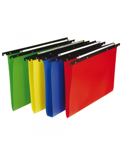 Cartelle sospese realizzate in polipropilene da 300micron fissato alle aste tramite robusti rivetti metallici. Portaetichette in plastica trasparente ad effetto lenticolare lungo 31cm. Etichette con bordo colorato per lÆimmediato reperimento dei fascicoli
