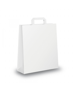 Scatola da 300 shoppers bianche in carta neutro piattina. Dimensioni: 26x11x34,5cm.