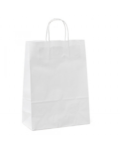 Shopper in kraft bianco, prodotte con carta riciclabile, ad elevata resistenza. Colore bianco. Dimensione 54x14x45cm.