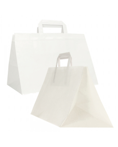 Shopper ideali per il trasporto di vassoi e contenitori alimentari realizzate con soffietti molto larghi dedicati a questo utilizzo. Dimensione 32x22x24cm. Colore bianco.