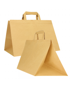 Shopper ideali per il trasporto di vassoi e contenitori alimentari realizzate con soffietti molto larghi dedicati a questo utilizzo. Dimensione 32x22x24cm. Colore avana.