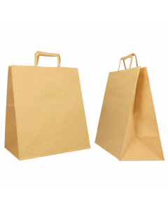 Shopper ideali per il trasporto di vassoi e contenitori alimentari realizzate con soffietti molto larghi dedicati a questo utilizzo. Dimensione 28x17x32cm. Colore avana.