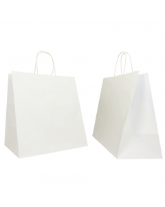 Shopper in carta kraft con maniglia in carta ritorta rinforzata. Il fondo largo rende lo shopper ideale per il trasporto di vassoi e il prodotto e particolarmente indicato per utilizzo nelle pasticcerie e pizzerie d'asporto.