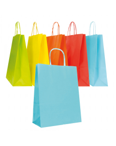 Shoppers in carta kraft 90 gr colorata con manici in carta ritorta. Confezione assortita nei colori azzurro, verde chiaro, giallo, rosso e arancione.