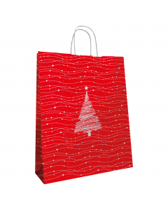 Shopper in carta kraft da 90gr con manico in carta ritorta. Stampa a colori con motivo natalizio.