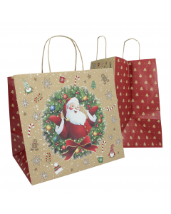Grande shopper in carta biokraft da 110gr con manici in carta ritorta e bordo risvoltato. Stampa a colori con motivo natalizio. Il fondo largo rende lo shopper ideale per il trasporto di vassoi ed è particolarmente indicato per utilizzo in pasticceria.