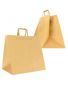 Shopper ideali per il trasporto di vassoi e contenitori alimentari realizzate con soffietti molto larghi dedicati a questo utilizzo. Dimensione 40x35x35cm. Carta da 120gr colore avana.