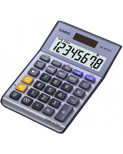 Calcolatrice professionale da tavolo a 8 cifre, EXTRA BIG LC-dislpay, tasti in plastica e involucro metallico. Euro conversione. Calcolo percentuale. Calcolo delle imposte. Memoria permanente.  Memorizzazione di costanti. Separatore delle migliaia. Tasto 