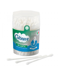 Barattolo in polipropilene da 100 bastoncini in cotone microbiologicamente controllati. Ideali per l'igiene quotidiana di tutta la famiglia. Composizione teste: cotone; Composizione bastoncino cotonato: carta. Lunghezza: 77mm; Colore:bianco.