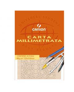 Carta opaca millimetrata Canson da disegno. Millimetrata opaca e lucida si presta in particolare agli usi tecnici e manuali, a matita ed ad inchiostro. In formato 23x33cm da 80gr/m, quadrettatura colore arancio.