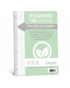 Ricambi con rinforzo ecologico. Il rinforzo, più sottile e più resistente, è realizzato in bioplastica di origine 100% vegetale totalmente compostabile e biodegradabile. Carta da 100gr, formato A4.