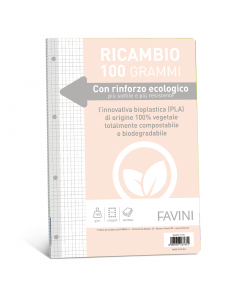 Ricambi con rinforzo ecologico. Il rinforzo, più sottile e più resistente, è realizzato in bioplastica di origine 100% vegetale totalmente compostabile e biodegradabile. Carta da 100gr, formato A4.