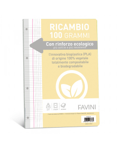 Ricambi con rinforzo ecologico. Il rinforzo, più sottile e più resistente, è realizzato in bioplastica di origine 100% vegetale totalmente compostabile e biodegradabile. Carta da 100gr, formato A4.