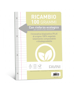Ricambi con rinforzo ecologico. Il rinforzo, più sottile e più resistente, è realizzato in bioplastica di origine 100% vegetale totalmente compostabile e biodegradabile. Carta da 100gr, formato A4.