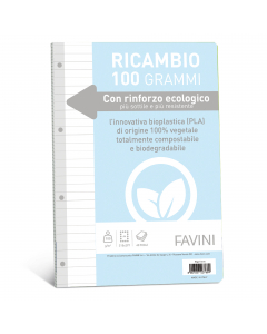 Ricambi con rinforzo ecologico. Il rinforzo, più sottile e più resistente, è realizzato in bioplastica di origine 100% vegetale totalmente compostabile e biodegradabile. Carta da 100gr, formato A4.