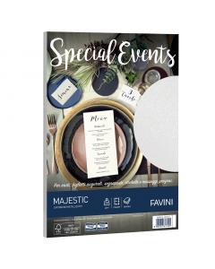 Cartoncino da 250gr metallizzata Majestic Favini dai riflessi brillanti e pregiati. Utilizzabili per scrittura manuale, inkjet, laser e copy. Formato 21x29,7cm.
