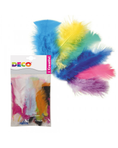 Coloratissime piume assortite in tanti colori e dimensioni; ideali per realizzare maschere e travestimenti di ogni tipo, ma anche per creare originali pupazzi, animali, bigliettini...Busta da 10 gr (circa 80 pz.) lungh. 15/16cm.