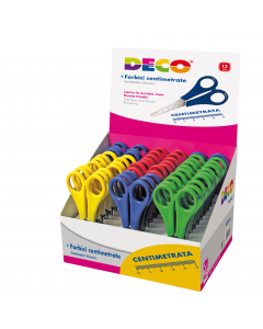 Forbici centimetrate per bambini con lama in acciaio inox dalla punta arrotondata, impugnatura in acrilico. Lunghezza 13cm. Colori assortiti. Confezione in display da 30 pezzi.