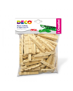 Mezze mollette in legno. Uno dei più tradizionali strumenti didattici per realizzare originali lavori da dipingere. Particolarmente indicati per sviluppare la fantasia del bambino. Sacchetto da 100 pezzi da 72mm.