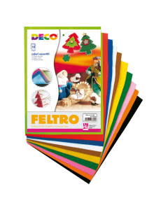IL FELTRO E' UN PARTICOLARE MATERIALE COMPOSTO DA FIBRE DI LANA PRESSATE. PER LA SUA MORBIDEZZA E RESISTENZA E' MOLTO UTILIZZATO PER REALIZZARE ABITI PER BAMBOLE, BURATTINI E TANTI ALTRI OGGETTI! CONFEZIONE DA 10 FOGLI IN COLORI ASSORTITI.