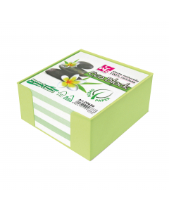 Contenitore in plastica con foglietti in carta riciclata. Dimensione 10x10x5cm. Carta colorata.