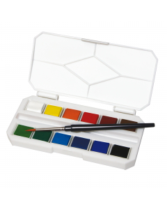 Acquerelli On the Go demi-godet in scatola di plastica completa di pennello e tavolozza. Colori brillanti, intensi , stabili alla luce e miscelabili tra loro.