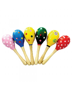 Coppia di maracas in legno con decorazioni colorate. Dimensioni: 20x5,5cm.
