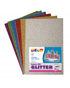Gomma crepp glitter in fogli da 20x30cm, colori assortiti. Morbido al tatto ma molto resistente. Facile da tagliare e incollare. Confezione da 10 fogli.