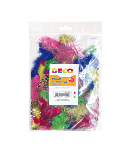 Piume tropicali in colori e lunghezze assortiti. Confezione da 100 pz.