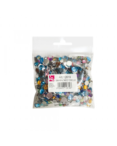 Gemme kristall tonde in colori assortiti. La confezione contiene circa 1000 pz, diam. da 6 a 10mm.