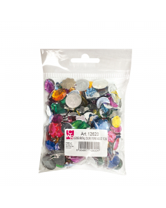 Gemme kristall in colori e forme assortiti. La confezione contiene circa 250 pz, diam. da 15 a 20mm.