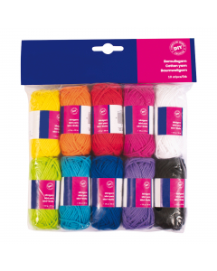 Filati in 100% cotone, lunghezza 30mt cad. Confezione di 10 matasse in colori assortiti: bianco, giallo, arancione, rosso, viola, rosa, blu, verde chiaro, azzurro e nero.