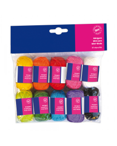 Filati in 100% acrilico, lunghezza 36mt cad. Confezione di 10 matasse in colori assortiti: bianco, giallo, arancione, rosso, viola, rosa, blu, verde chiaro, azzurro e nero.