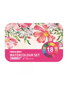 Set 18 pastiglie + pennello brush forniti in pratico scatola in metallo. Colori floreali.