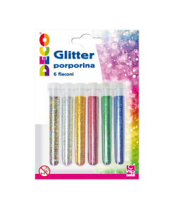 Glitter porporina a grana fine in flacone da 12ml. 6 colori assortiti.