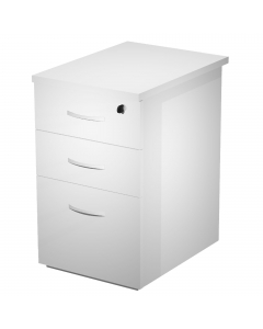 Cassettiera alta complanare al piano delle scrivanie Compact lato 60cm per aumentarne la superficie di lavoro. Cassettiera a 2 cassetti + 1 classificatore per cartelle sospese int. 33cm. Dotata di vassoio portacancelleria, chiusura centralizzata, cassetti