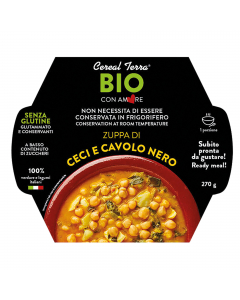 Zuppa di ceci e cavolo nero senza conservanti con verdure e legumi italiani.

Ingredienti: Ceci* 37%, acqua, cipolla*, carota*, cavolo nero* 5%, olio extra vergine di oliva*, SEDANO*, sale marino, porro*, SEDANO RAPA*, polpa di pomodoro*, doppio concentra