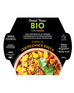 Zuppa di lenticchi e zucca senza conservanti con verdure e legumi italiani.

Ingredienti: Ceci* 37%, acqua, cipolla*, carota*, cavolo nero* 5%, olio extra vergine di oliva*, SEDANO*, sale marino, porro*, SEDANO RAPA*, polpa di pomodoro*, doppio concentrat
