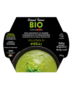 Vellutata di  piselli senza conservanti con verdure e legumi italiani.

Ingredienti: Piselli* 46%, acqua, cipolla*, olio extravergine di oliva*, sale marino. *BIOLOGICO