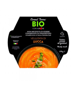 "Vellutata di  zucca senza conservanti con verdure e legumi italiani.
Ingredienti: Purea di zucca*43% (agricoltura Italia), ac¬qua, carota*, cipolla*, olio extra vergine di oliva*, dop¬pio concentrato di pomodoro*, sale marino, curcuma*, antiossidante: es