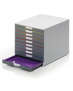 Cassettiere Varicolor a 10 cassetti solida e durevole, realizzata in materiali di alta qualita. Design moderno e ricercato caratterizzato da cassetti con interno e profilo in 5 differenti colori, visibili anche a cassetto chiuso, che facilitano la classif