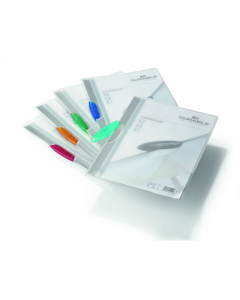 Cartellina in polipropilene flessibile trasparente con clip in plastica colorata a forma di ellisse, ruotabile di 180°. Ideale per presentare e archiviare, in modo moderno e vivace, documenti non perforati. La cartellina può essere aperta senza dover sgan