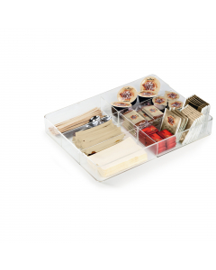 ORGANIZER da CASSETTO COFFEE POINT dotato di 6 scomparti per ospitare tutto il necessario per la preparazione delle bevande calde e accompagnatori (cioccolatini, biscotti, snack). Dimensione: H4,8 x L24,2 x P32,9cm.  Materiali di ottima qualità lavabili i