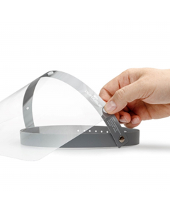 Pannello frontale di ricambio per visiere protettive Durable. Trasparente in policarbonato, anti abbagliamento e anti appannamento. Copre occhi, naso e bocca e non impedisce i movimenti della testa. Può essere applicato alla visiera attraverso i bottoni a