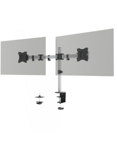 Braccio porta monitor per 2 monitor standard fino a 27" e fino a 8 kg. Fissaggio tramite morsetto o perno per foro passacavo (entrambi inclusi nella confezione). Altezza, inclinazione e orientamento del monitor regolabili facilmente e individualmente per 