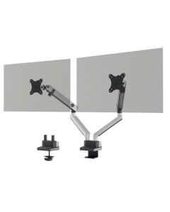 Braccio porta monitor per 2 monitor standard fino a 32" e fino a 8 kg. Fissaggio tramite morsetto o perno per foro passacavo (entrambi inclusi nella confezione). Altezza, inclinazione e orientamento del monitor regolabili facilmente e individualmente per 