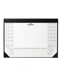 Sottomano rettangolare dotato di 25 fogli con calendario biannuale multilingue, festività nazionali e sezione settimanale utile per appunti. Dimensioni 59x42cm, di colore nero.