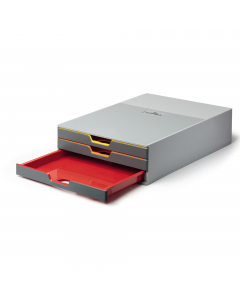 Cassettiera con 3 cassetti colorati. Realizzata in plastica di alta qualità. I cassetti scorrono in modo morbido e silenzioso, con ferma corsa. Profilo colorato dei cassetti; per una facile catalogazione dei documenti archiviati. Con porta etichetta rimov