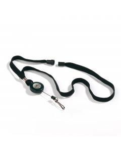 Cordoncino in tessuto nero da 10 mm con chiusura di sicurezza antisoffocamento e meccanismo a chiocciola tipo yo-yo da 80 cm integrata. La chiocciola include un moschettone di ancoraggio, in metallo, adatto ad ogni tipo di portabadge.